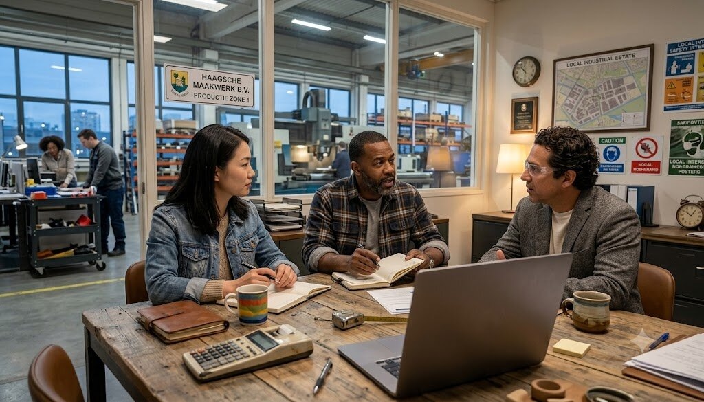 VDWS adviseur op locatie in een productieomgeving, in gesprek met een medewerker