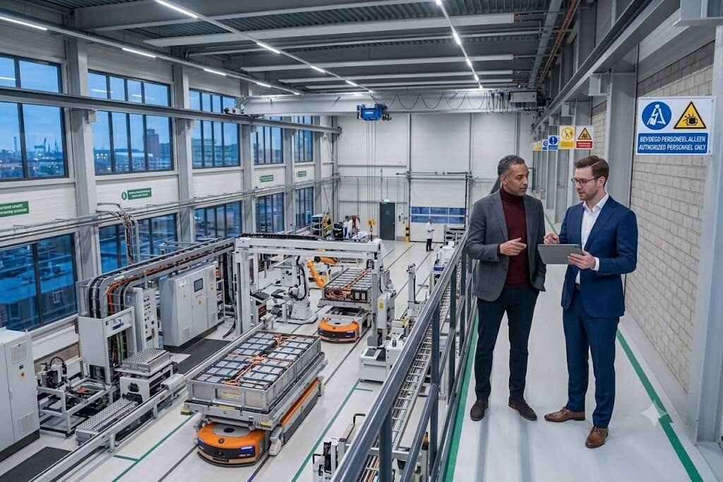 Twee adviseurs op een mezzanine in een productiefaciliteit, in gesprek over installaties
