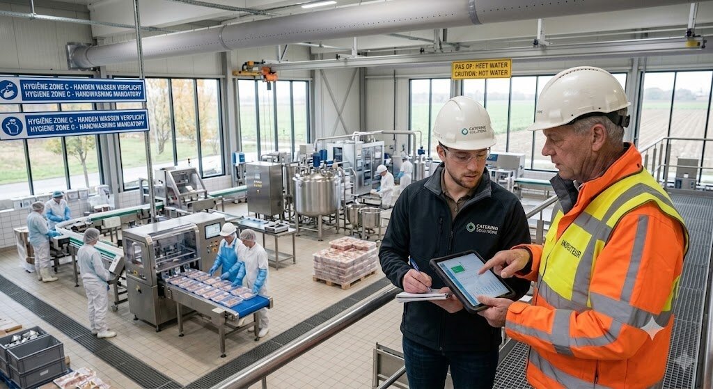 Adviseur in gesprek met medewerkers in een productieomgeving