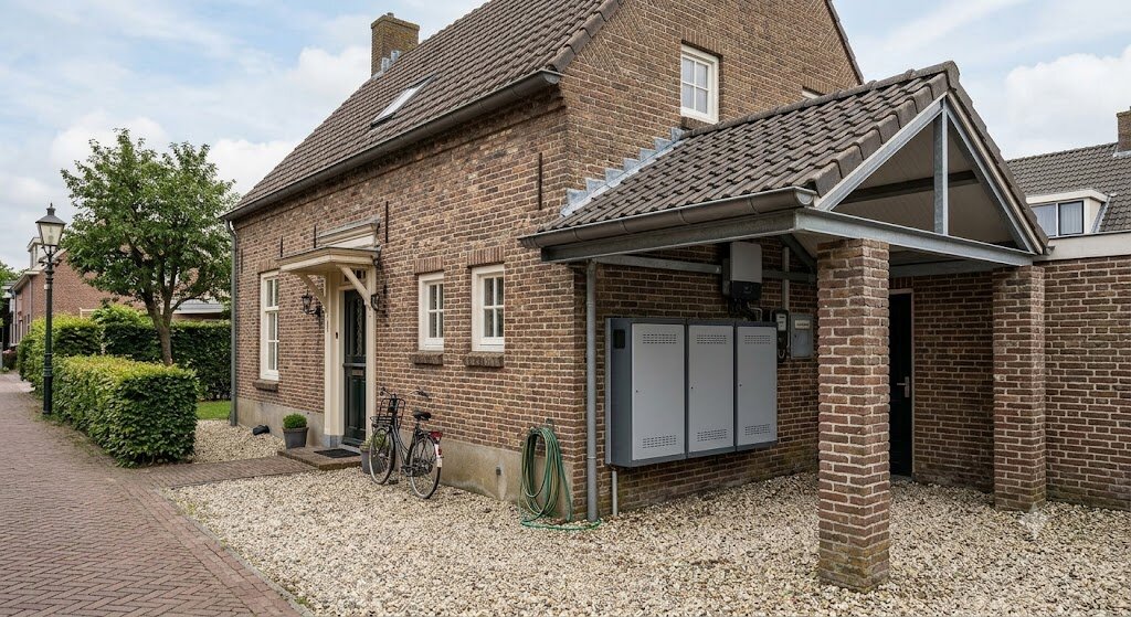 Voorbeeld: thuisbatterij ge&iuml;ntegreerd in de buitenmuur van een woning