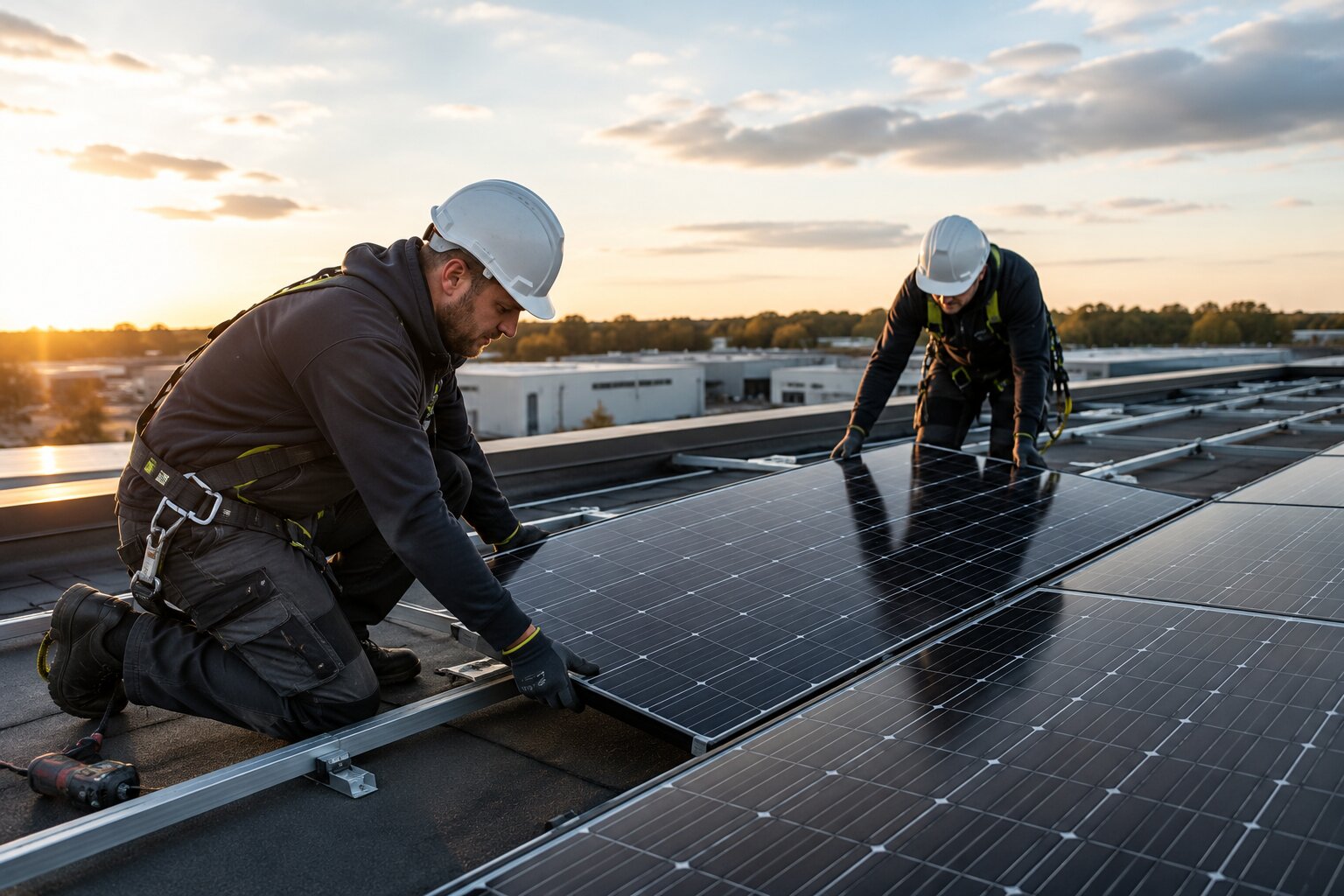 Zonnepanelen worden ge&iuml;nstalleerd op een bedrijfsdak bij zonsondergang
