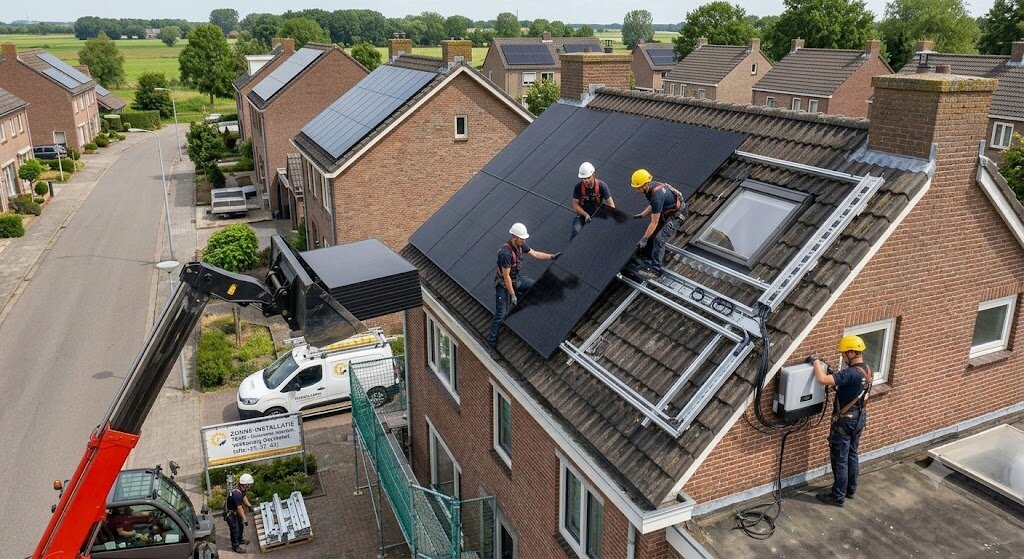 Team plaatst zonnepanelen op een schuin dak in een Nederlandse woonwijk